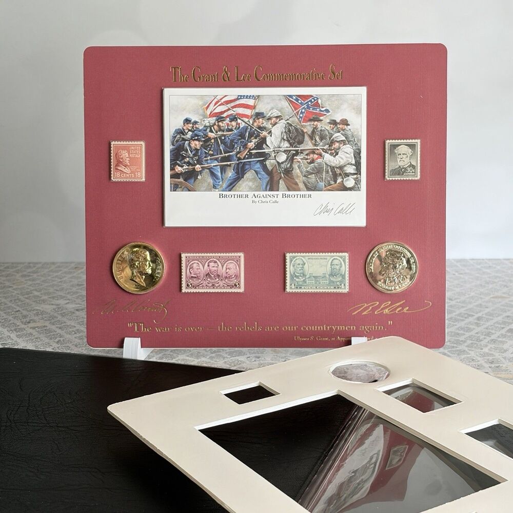 Civil War 1865 Grant & Lee Commemorative Set signed w/Stamps 24K Layered Medal